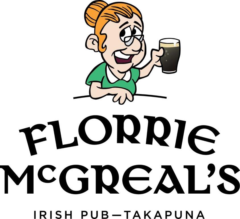 black text on white background, Florrie McGreals Irish Pub Takapuna, logo of cartoon woman holding a pint.